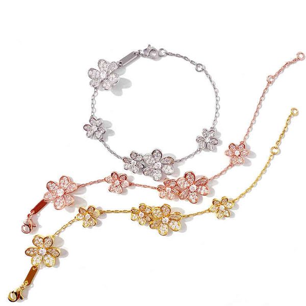 Charm Bracelets Korean Ins Light Luxury Temperament Design Feeling Full of Drill Large and Small Flower Clover Bracelet