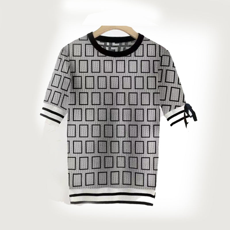 Designer women&#039;s silk ribbon sweater high end fashion letter jacquard temperament youth leisure Short sleeve round neck Pullover