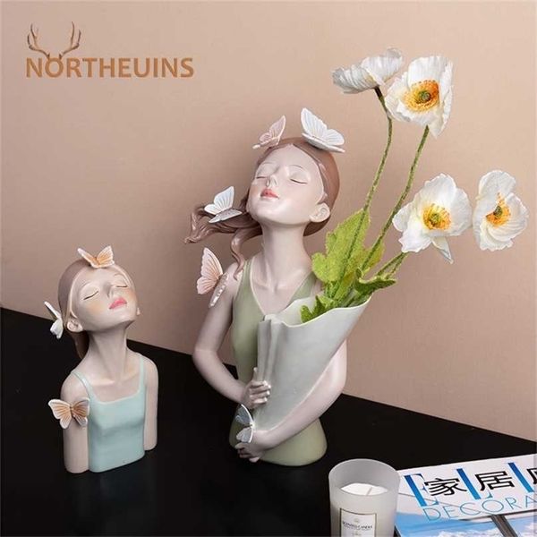 NORTHEUINS Butterfly Girl Resin Sculpture Character Model Vase Modern Storage Statues Home Living Room Desktop Decor Accessories 211108