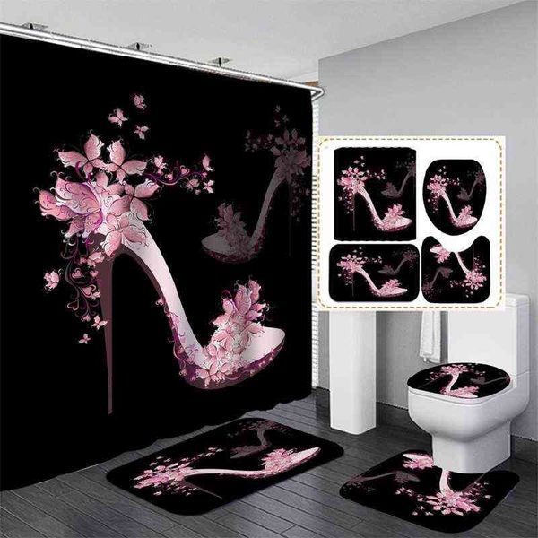 Bathroom Shower Curtain Set Toilet Seat Bath Mats Rugs Non-slip Carpet Toilet Covers Waterproof Bath Curtains Hooks Home Decor 211109