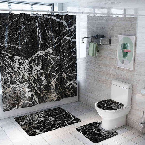 marble Printed Pattern Bathroom Shower Curtain Pedestal Rug Lid Toilet Cover Mat Non-Slip Bath Mat Carpet Set 211109