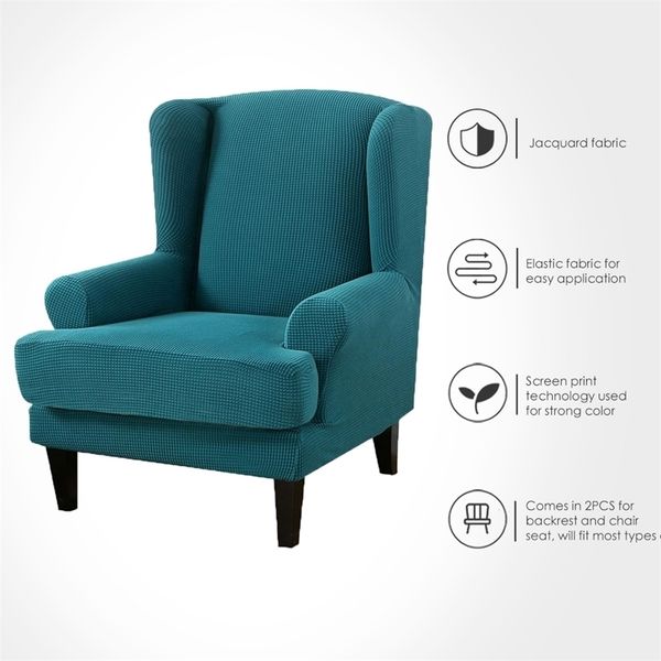 Wing back Chair Cover Jacquard Spandex Stretch Slipcovers for office Chairs Stylish 2 Piece Set With Elastic Band 211116