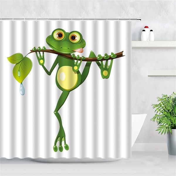 Funny Frog Cartoon Shower Curtain Sets Leaf Animal Creative Children Bathroom Decor Waterproof Fabric Home Hooks Bath Curtains 211116