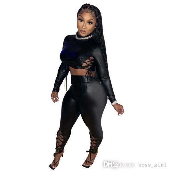Women Designers Clothes 2021 Two Piece Pants Set Tracksuits New High Neck Crop Top Leggings Slim Bandage PU Suit