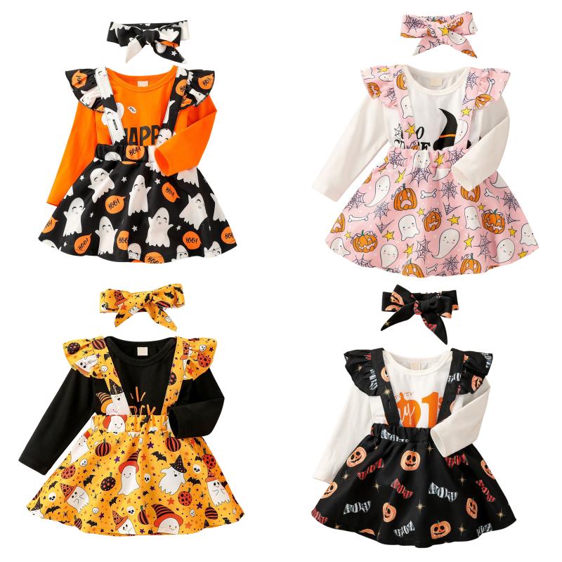 Clothing Sets 3Pcs Toddler Halloween Outfits, Letters Long Sleeves Romper + Cartoon Suspenders Skirt Hairband For Baby Girls, 0-12 Months