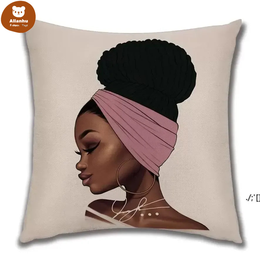 Beautiful Africa Princess Decorative Pillow Art Oil Painting Sofa Throw PillowCase Linen African Lifestyle Home Cushion Cover wjy591