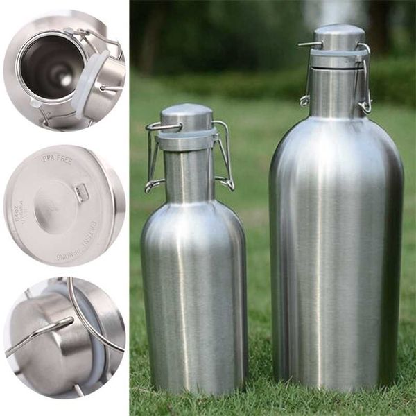Mayitr 1pc 1L-2L 32oz-64oz Stainless Steel Water Bottle Beer Thermos Growler Outdoor Insulation Keg For Sport 211122