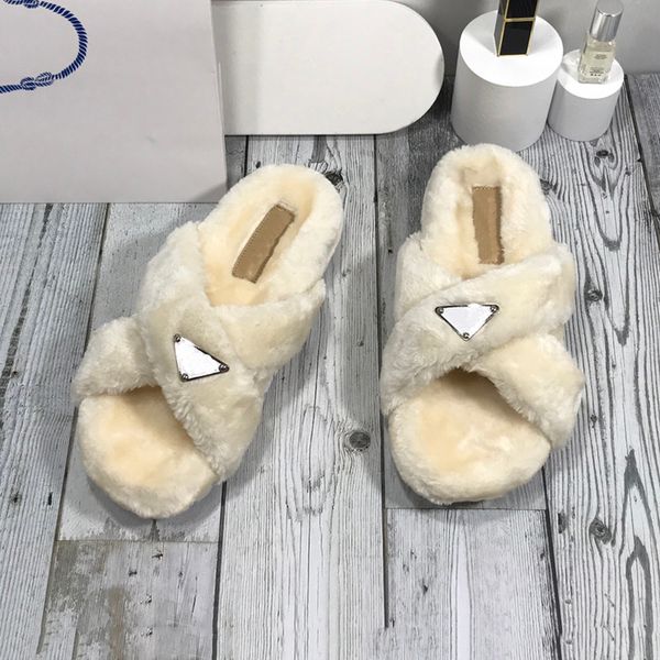 Women Designer Lambswool Platform Heel Slides Slipper Italy Milano Brand Plush Woolen Scuffs Slippers Flat Heels Cross Strap Home Sandals