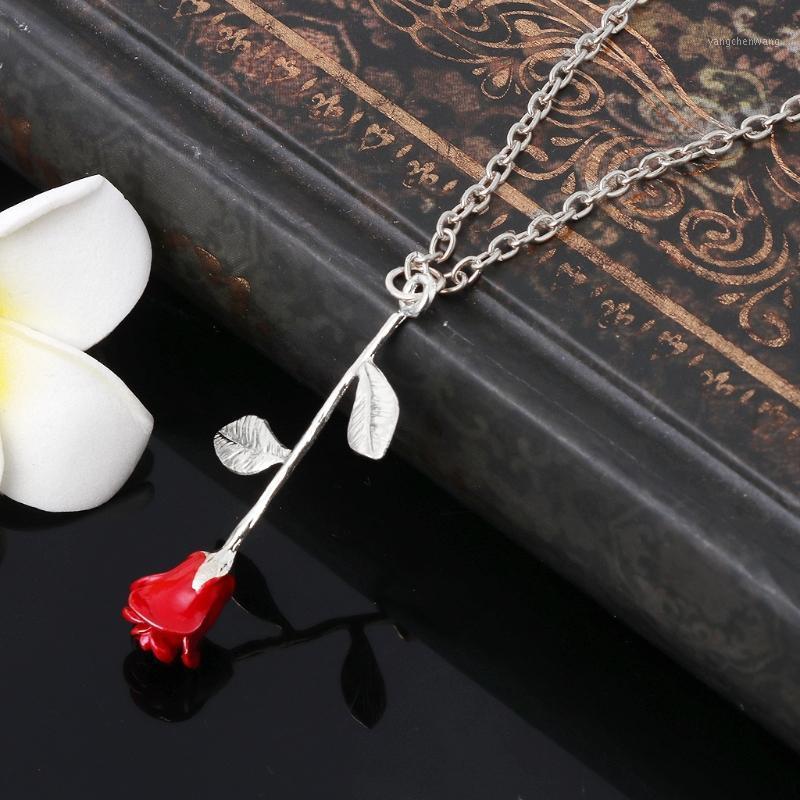 Chains 40GB Beauty And Beast Golden Filled 3D Red Rose Pendant Necklaces For Women Jewelry