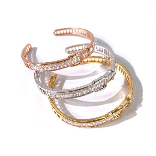 Bracelets Jewelry Exquisite Sparkle Set Zircon Ladder Rectangular Diamond Arranged Belt Buckle C-shaped Open Bracelet