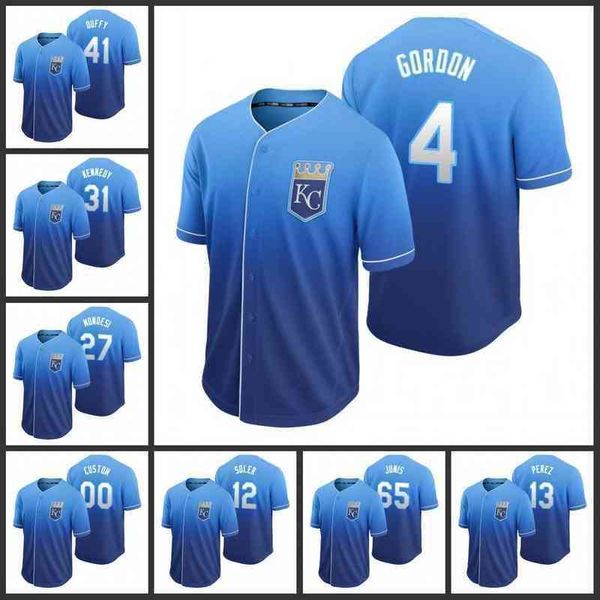 Kansas&#039;s City&#039;s Royals Men Women Youth #13 Salvador Perez 41 Danny Duffy 4 Alex Gordon 15 Whit Merrifield Custom Royal Fade Jersey