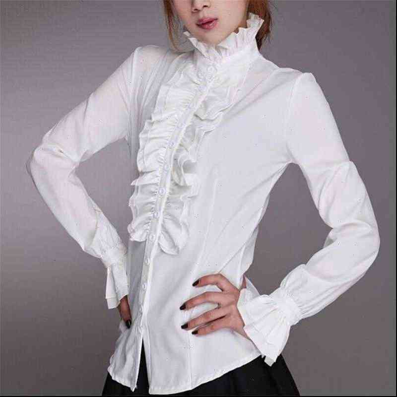 Fashion Victorian Womens Shirt Blouses Women OL Office Ladies White High Neck Frilly Ruffle Cuffs Shirts Female Blouse