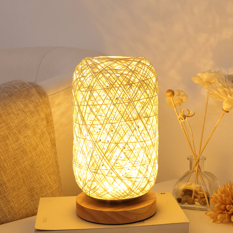 Artisanal Nordic Wooden Lamp with Rattan Twine Design - Charming Bedside Lighting Solution