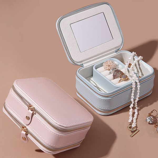 Storage Boxes Bins Portable Two Layer Double Zipper Jewelry Box Jewellery Organizer PU Leather Case Ring Earring Necklace Ear Stud Display M