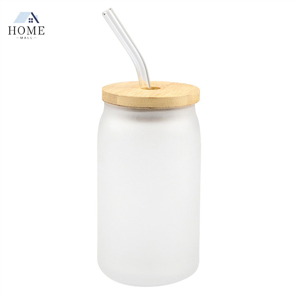 New Sublimation Glass Beer Mugs with Bamboo Lid Straw DIY Blanks Frosted Clear Can Shaped Tumblers Cups Heat Transfer 15oz Cocktail Iced Coffee Whis