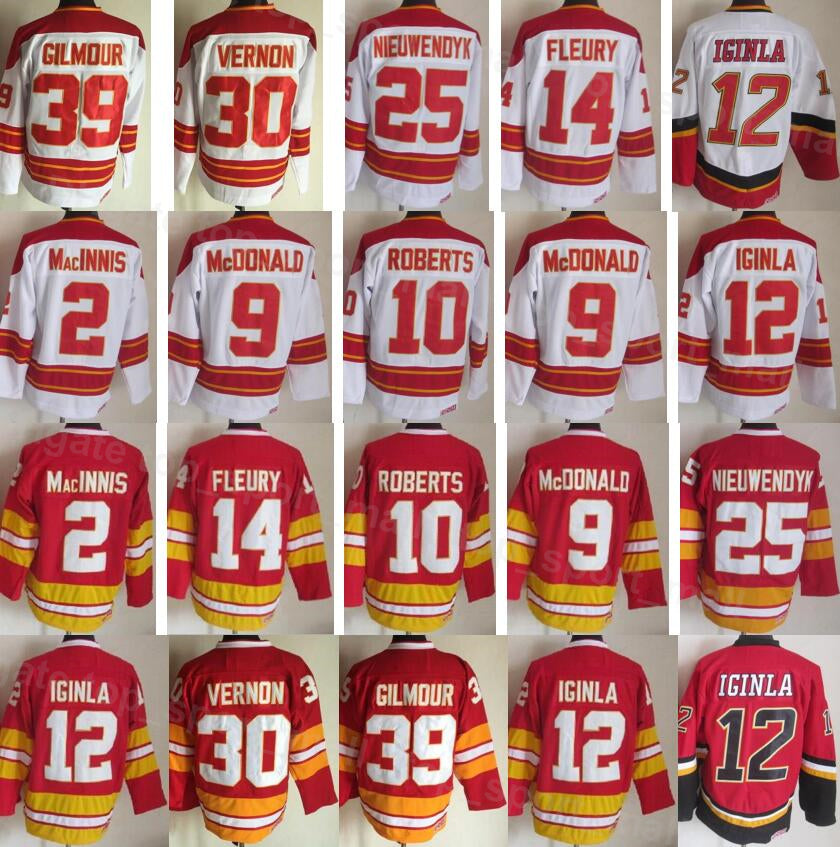 Vintage Retro Hockey 14 Theoren Fleury Jersey 25 Joe Nieuwendyk 30 Mike Vernon 39 Doug Gilmour 12 Jarome Iginla 2 Al Macinnis 9 Lanny McDonald 10 Ga