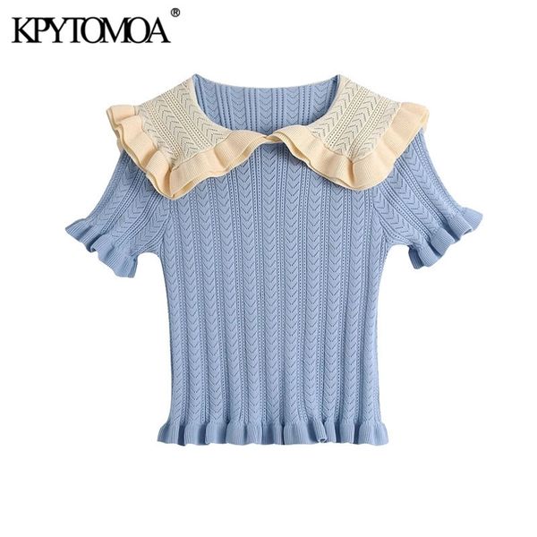 Women Sweet Fashion With Ruffled Cropped Knitted Sweater Patchwork Collar Short Sleeve Female Pullovers Chic Tops 210420
