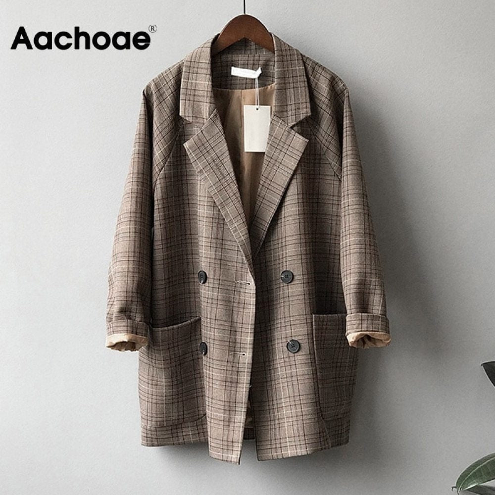 Aachoae Vintage Plaid Blazer Jacket For Women Loose Long Sleeve Office Coat With Pockets Casual Double Breasted Outerwear Tops 210413Y