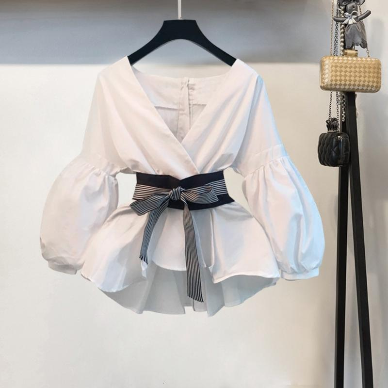 Women&#039;s Blouses & Shirts Lantern Sleeve Blouse Shirt Women Fashion Korean Style Summer Bow V-neck Striped Elegant Ladies Tops Female Clothing