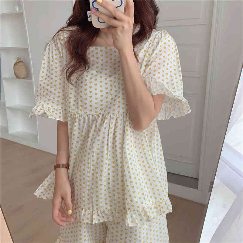Casual Dresses Sweet Printed Hearts Cute Girls Sleepwear 2021 All Match Women Femme Comfortable Loose Cotton Pajamas Suits Sets MXVO