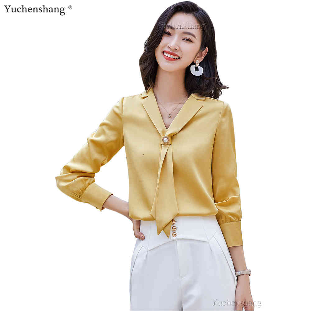 Women&#039;s Blouses & Shirts OL Office Ladies Work Wear Yellow Pink White Green Formal Blouse Women High Quality Elegant Girl S-5XL Scarf Collar