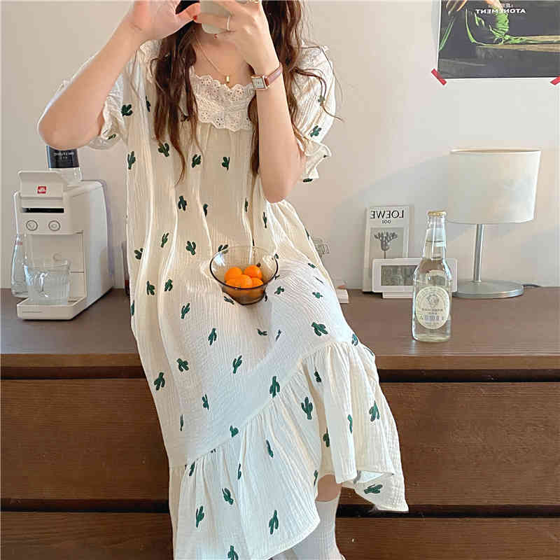 Casual Dresses Gentle All Match Stylish Plants Printed Sweet 2021 Sleepwear Girls Home Wear Princess Chic Loose Pajamas Night OECP