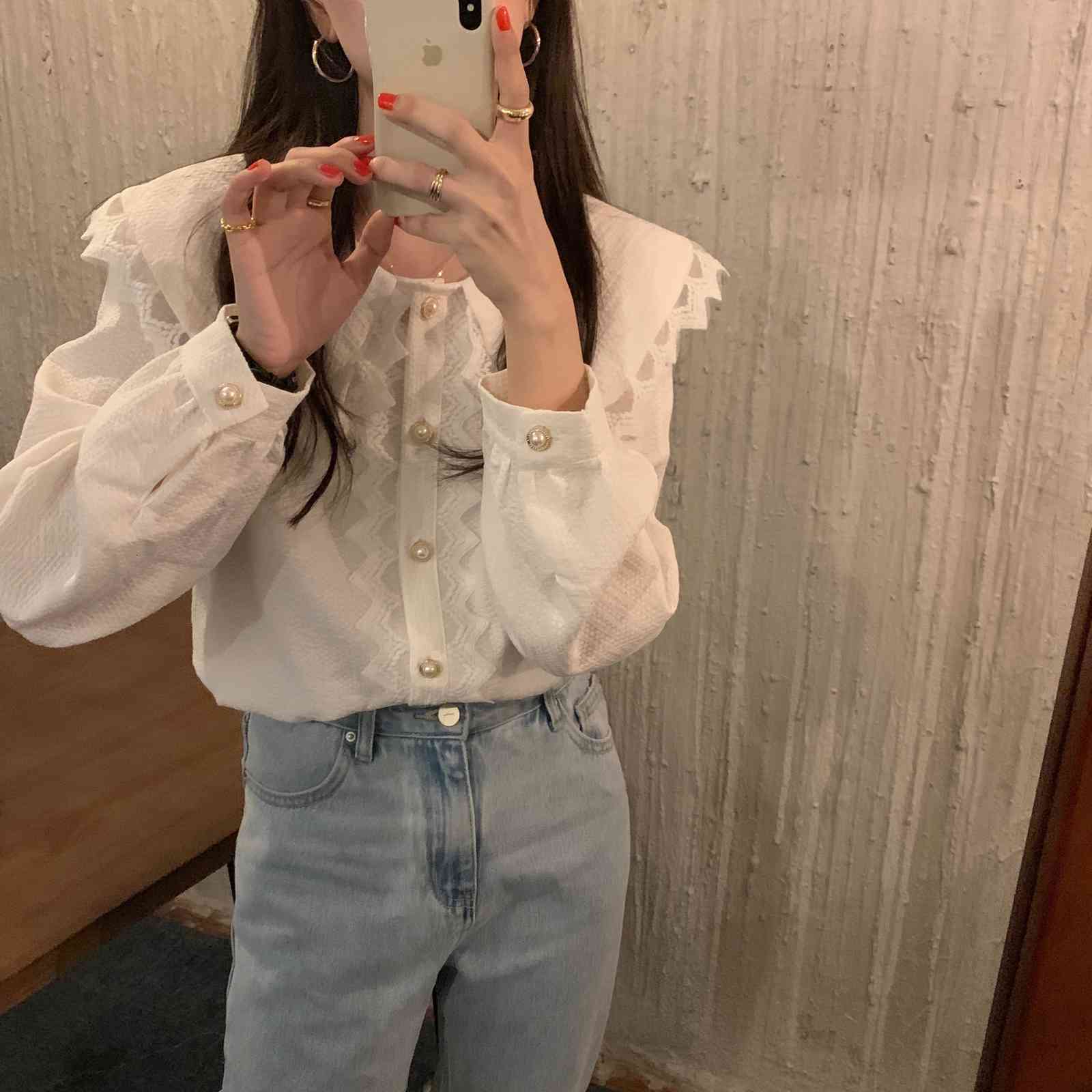 Women&#039;s Blouses & Shirts White Loose Sweet Peter Pan Collar Elegance 2021 Office Lady Blouse Women Chic Lace Gentle Female Tops KDSS