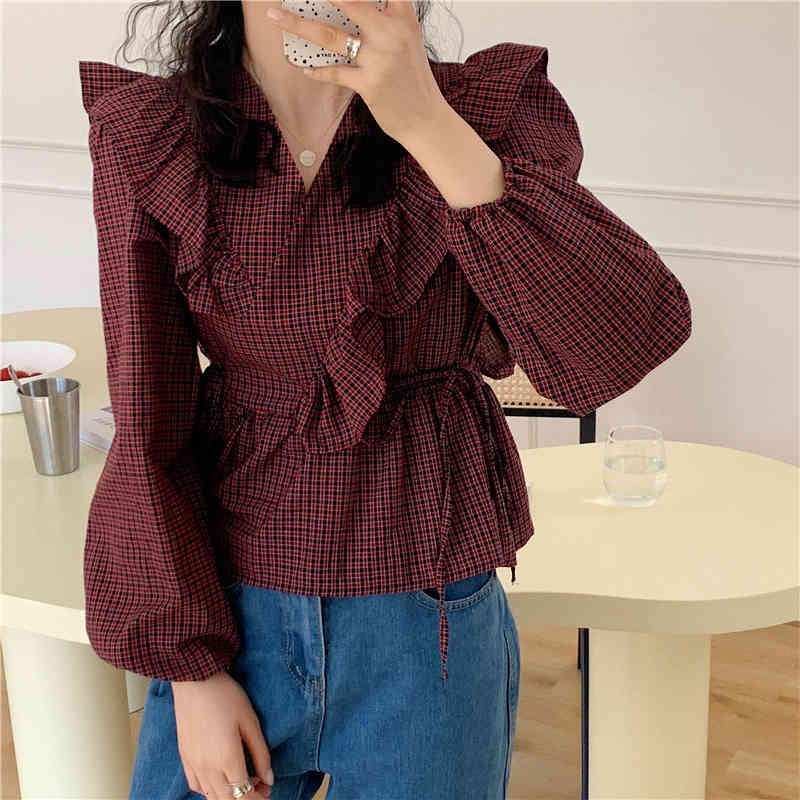 Two Piece Dress Korean Chic Vintage Girls Plaid Ruffles V-Neck High Waist Shirts Femme Party Casual Gentle Geometric Blouses P293