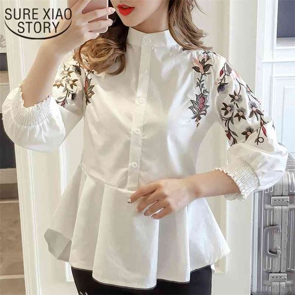 Autumn Fashion Sweet Women Blouse Full Embroidery Floral Mandarin Collar Casual Preppy Style Shirts 1377 45 210415