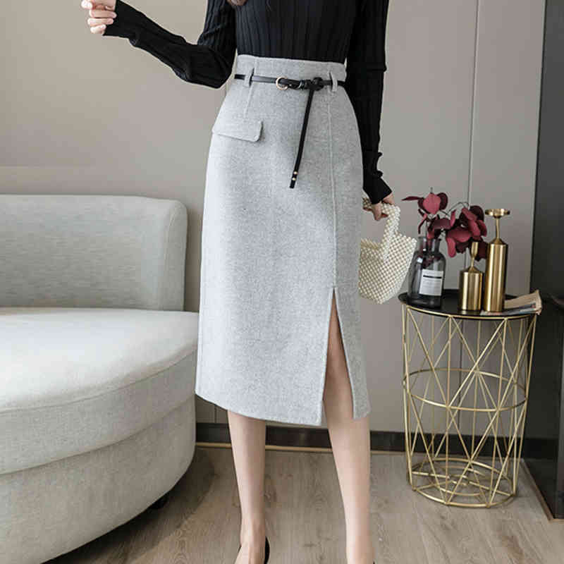 Casual Dresses Solid High Waist Skirts Women Winter Woolen Skirt Long Slim Bodycon Pencil Jupe Femme With Belt Side Slit Midi Saia