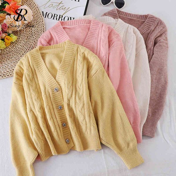 Women Twist Pattern Knitting Cardigan Korean V Neck Loose Buttons Autumn Winter Vintage Solid Casual Cardigans 210419