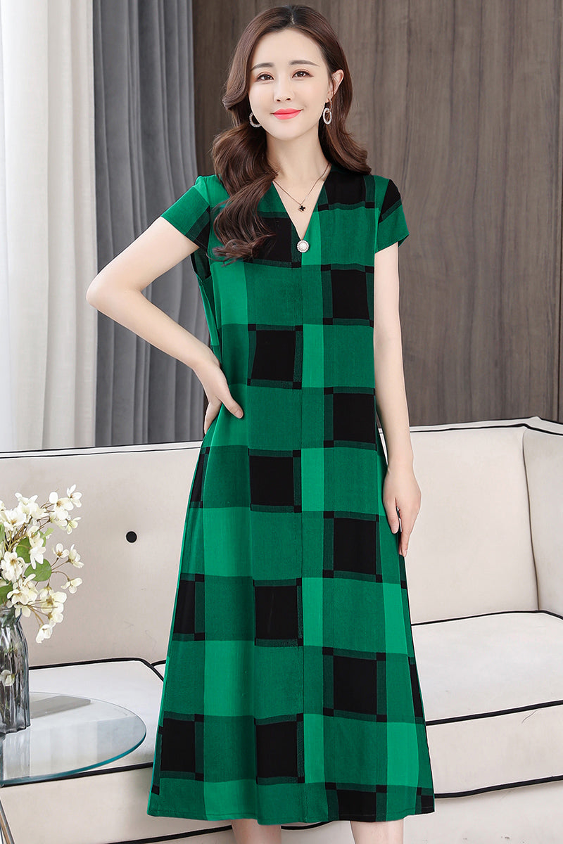 Summer Dress Plus Size Vintage Plaid Women Loose Long Elegant 2021 Casual Short Sleeve Ladies Skirts V-Neck Mid-Calf Sundress