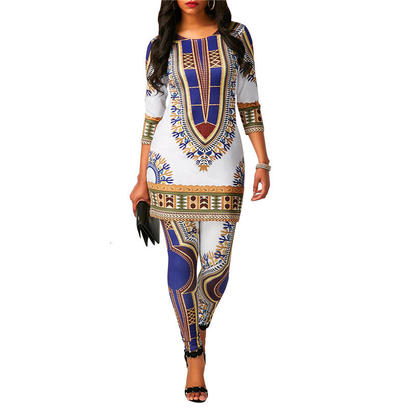 Women&#039;s Tracksuits Women African National Print Two Piece Set with Sleeve Long T Shirt Top Pants Leggings Indie 2 Outfits XJ2A