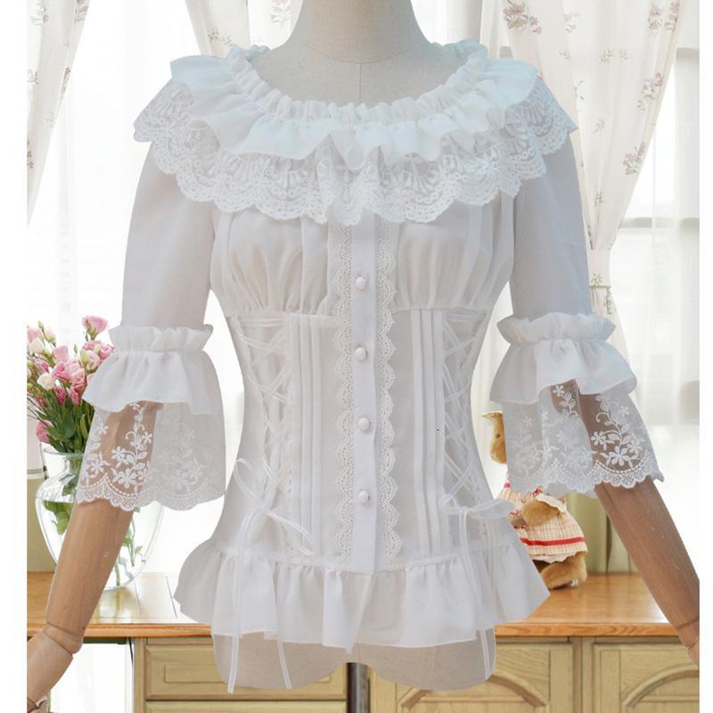 White Blouses 2021 Victorian Lace&Chiffon Ruffled Collar Half Flare Sleeve Gothic Women Blouse Shirt Corset Women&#039;s & Shirts