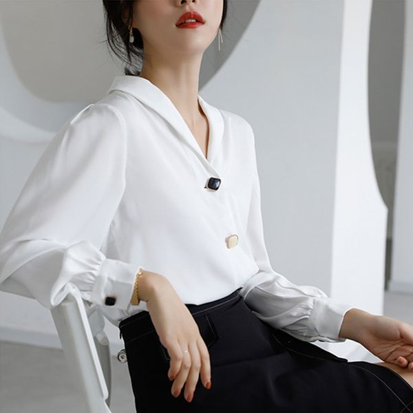 OL Elegant Career Shirt Autumn V-neck Solid Long-sleeved Loose Formal Chiffon Blouses Plus Size Women Clothing 210421