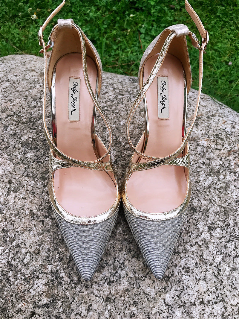 2021fashion women pumps Gold Glitter Criss-Cross point toe high heels thin heel shoes genuine leather Bride 1