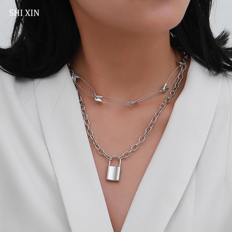 Pcs-Set Paperclip Choker Colar With Lock Pendant Necklace For Women Fashion Padlock Necklaces 2021 Jewelry Trendy Gifts