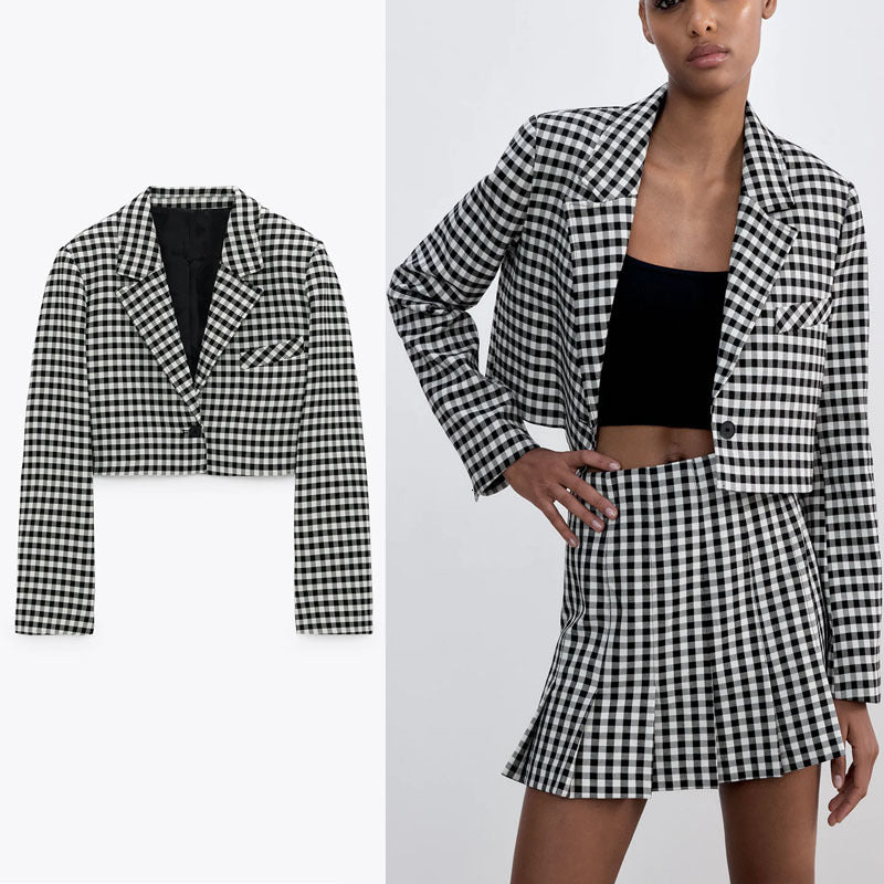 blazers Plaid Cropped Blazer Women Vintage Long Sleeve Shoulder Pads Gingham Blazers Coat Woman Single Button Outerwear Top