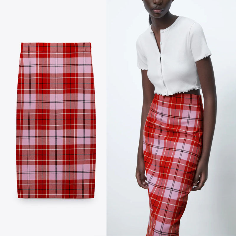 dresses Vintage Plaid Midi Skirt Women High Waist Spring Red Woman Fashion Back Vent Side Zip Casual Straight Skirts