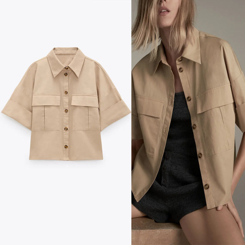 dresses ZA Khaki Poplin Spring Shirt Women Short Sleeve Patch Pockets Office Lady Shirts Woman Chic Button Up Vintage Tops