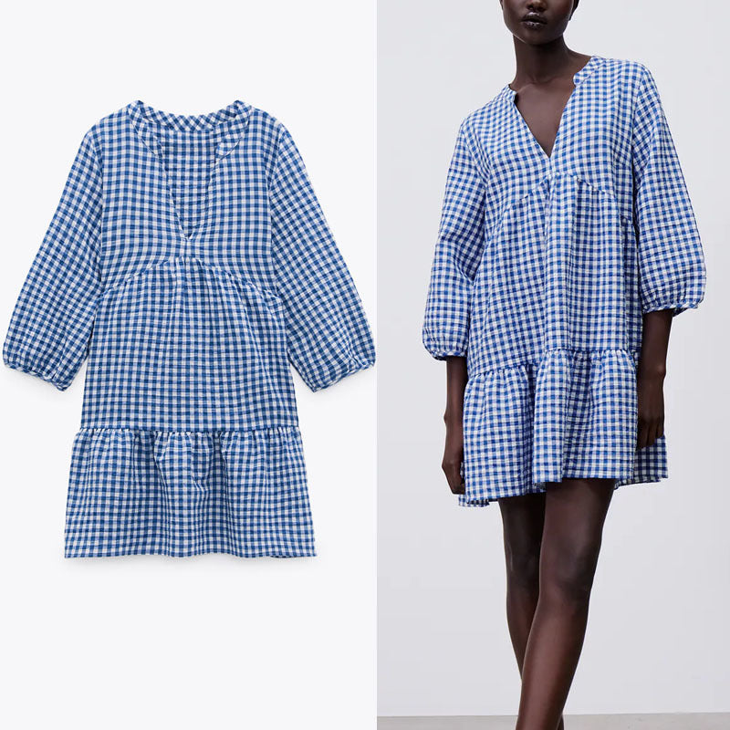 dresses ZA Blue Gingham Mini Women Long Sleeve V Neck Spring es Woman Chic Plaid Flounced Hem Office