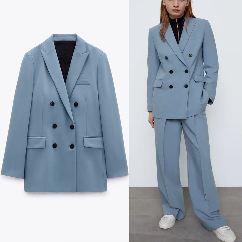 blazers ZA Blue Double Breasted Spring Blazer Women Long Sleeve Office Lady Coat Blazers Woman Chic Flap Pockets Elegant Tops