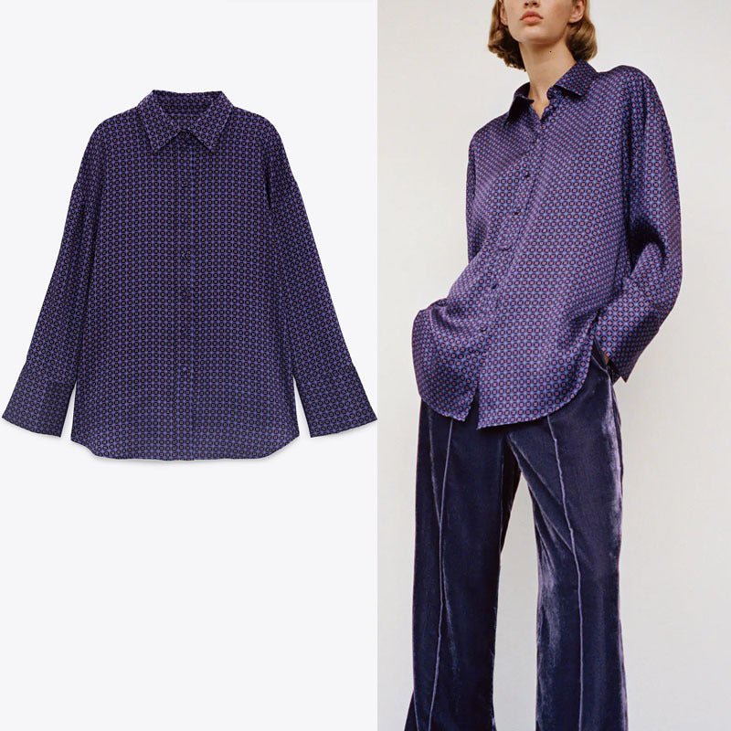 dresses ZA Vintage Geometric Print Shirt Women Long Sleeve Front Button Office Lady Shirts Female Fashion Casual Purple Top