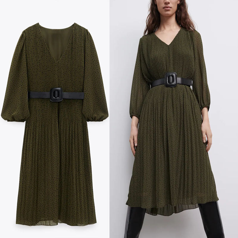 dresses ZA Belted Print Midi Green Women Vintage Sleeve Pleated Office Lady es Woman Chic Elegant Long Vestido