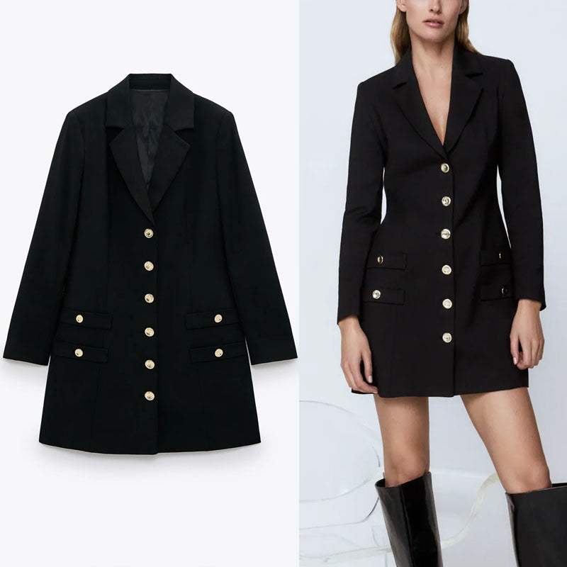 dresses Pronounced Shoulder Mini Black Women Elegant Long Sleeve Gold Button Office es False Welt Pockets Vestido