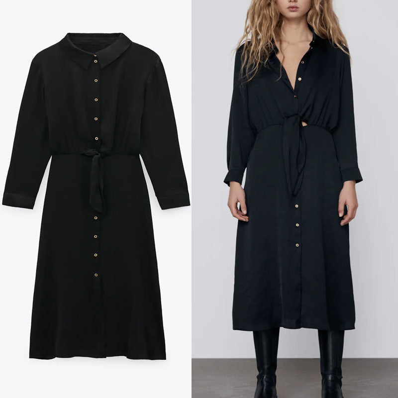 dresses Knotted Satin Midi Black Women Elegant Long Sleeve Office Lady es Woman Fashion Front Button Fitted Vestido