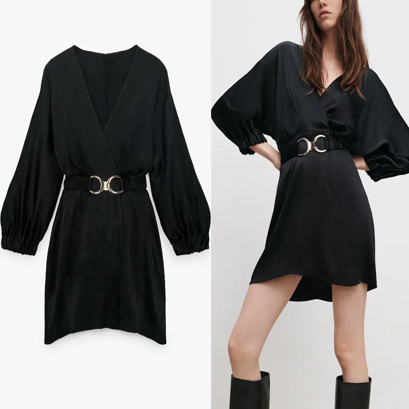 dresses Vintage Stretch Belt Wrap Mini Women Long Sleeve V Neck Office Lady es Woman Fashion Satin Vestido