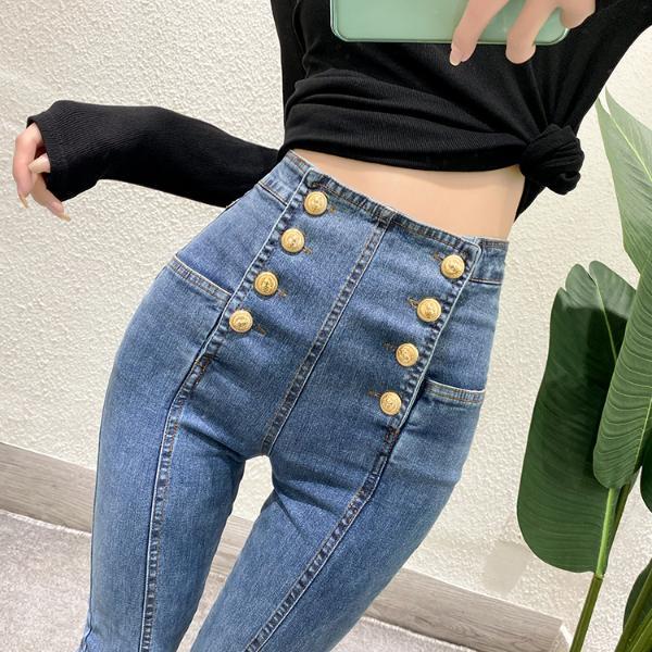 Kog362 Blue Black High Waist Double-Breasted Women Jeans New Elastic Joker Feet Tight Pencil Pants