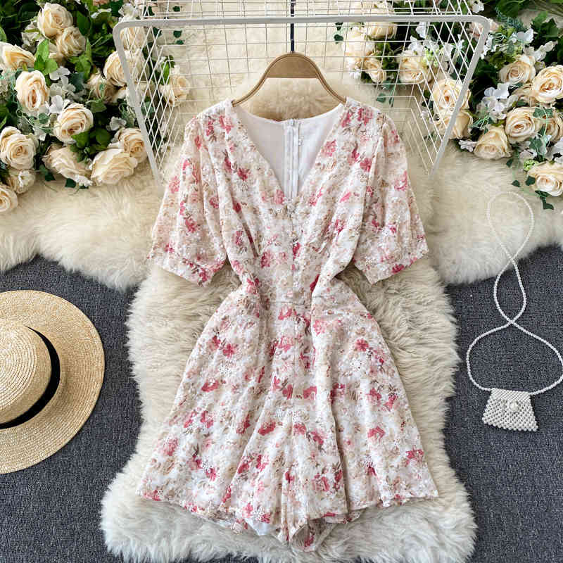 dresses French Floral Rompers Women V Neck Sleeve Elegant Office Summer Casual Vacation Wide Leg Short Jumpsuit