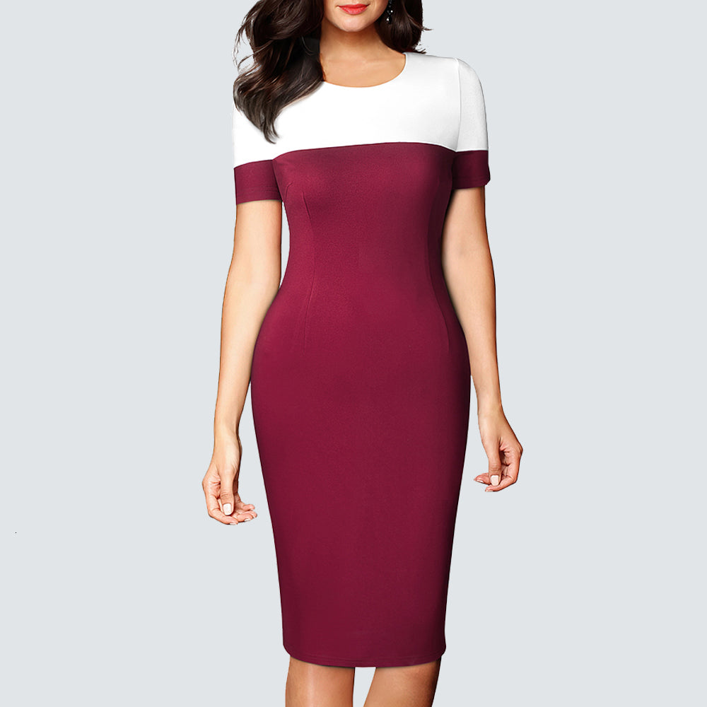 dresses Women Round Neck Business Contrast Color Brief Elegant Fashion Bodycon Office Lady Summer Short Sleeve Pencil HB627